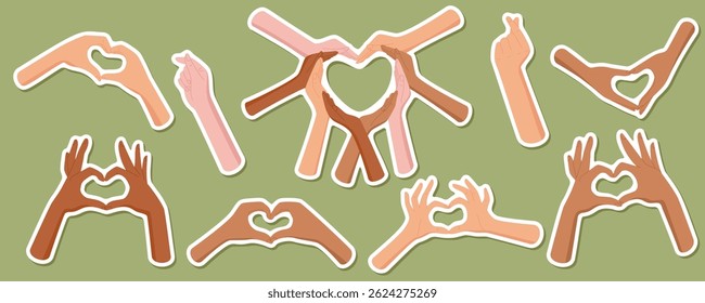 Diverse hand heart sticker set in flat style. Heart gestures symbolize k-pop culture, love, and human friendship. Symbolic design with solidarity and community messages, multicultural creative, ideal