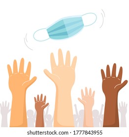 Diverse hand of people raising and reaching out for single face covering. Need of medical mask to prevent from Covid19 or Coronavirus to slow spread of viruses, flu, air pollution. Vector illustration
