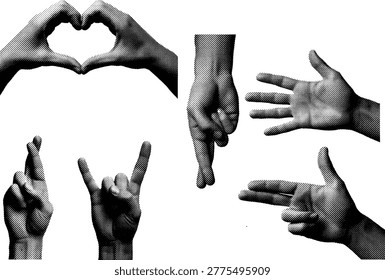 Diverse hand signals collection. Halftone skin texture effect. Communication body language. Retro graphic hand icons.