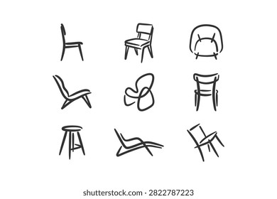 Diverse hand-drawn chair icons featuring various types of seating furniture in a minimalist line art style on a clean white background