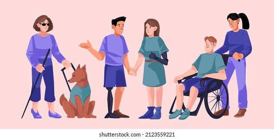 Diverse handicap people group, disability concept. Disabled character on wheelchair, man and woman with bionic hand or leg prosthesis, blind girl with stick and guide dog, Cartoon vector illustration