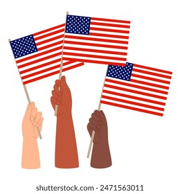 Diverse hands with American flags. Vector illustration in flat style for design national traditional holidays and Independence Day.