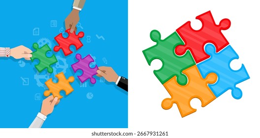 Mãos diversificadas montando peças coloridas de quebra-cabeças, representando trabalho em equipe e resolução de problemas. Colaboração de negócios e conceito de parceria para o sucesso.