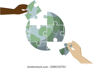 Diverse hands assembling Earth puzzle pieces isolated on transparent background symbolizing global cooperation, problem-solving, and collective environmental solutions. Vector illustration