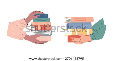 Diverse hands changing colorful books. Swap literature event, culture festival. Concept for book donation, exchange. Vector banner for education and community sharing