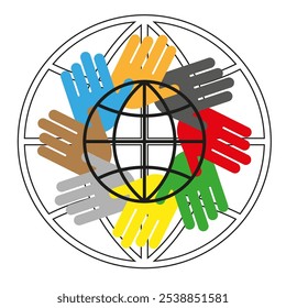 Diverse hands circle. Global unity symbol. Multicolored collaboration. Vector teamwork.