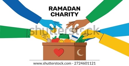 Diverse hands contribute to a Ramadan donation box filled with food and coins.