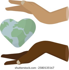 Diverse Hands Embracing Heart Earth isolated on transparent background. Multicultural hands supporting a heart-shaped Earth. Diversity, unity and environmental stewardship. Vector illustration