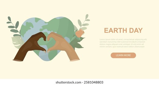 Diverse Hands Form Heart Over Earth Globe. Earth Day web banner. Flat style. Love and environmental protection. Multiracial group. Inclusion concept. Vector illustration
