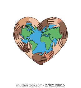 Diverse hands forming a heart around the Earth, symbolizing global unity and love.