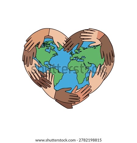 Diverse hands forming a heart around the Earth, symbolizing global unity and love.