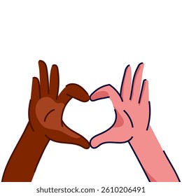 Diverse Hands Forming Heart Symbol vector illustration.Two diverse hands forming a heart shape symbolizing love, unity, and acceptance,social campaigns, diversity projects, posters.Vector illustration