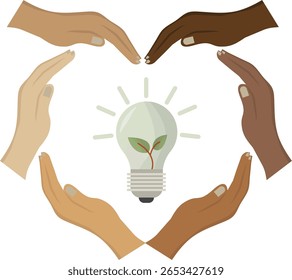 Diversas manos que forman un círculo protector alrededor de la bombilla brillante con brotes de plantas verdes aislados que representan la innovación sostenible. Energías renovables. Energía sostenible. Ilustración vectorial