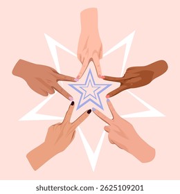 Diverse Hands Forming Star Shape, Unity and Friendship Vector Illustration
