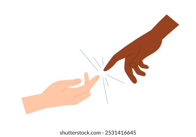 Gestos de manos diversas. Manos de diferentes personas multirraciales se acercan para tocarse. Símbolo de amor, unidad y sentimientos. Ilustración vectorial plana aislada sobre fondo blanco