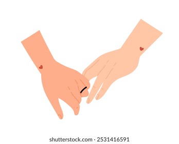 Diverse hands gestures. Hands of different people holding each other. Palms of loving couple touching. Symbol of feelings and romance. Flat vector illustration isolated on white background