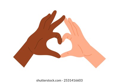 Diverse hands gestures. Hands of different people showing heart with their fingers. Symbol of love, support and care. Body language. Flat vector illustration isolated on white background