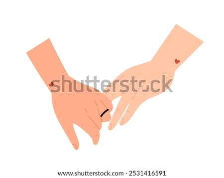 Diverse hands gestures. Hands of different people holding each other. Palms of loving couple touching. Symbol of feelings and romance. Flat vector illustration isolated on white background