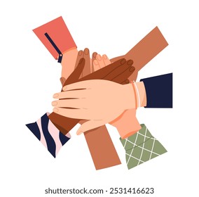 Diverse hands gestures. Group of multiracial business people holding palms together. Symbol of support, friendship, unity and trust. Flat vector illustration isolated on white background