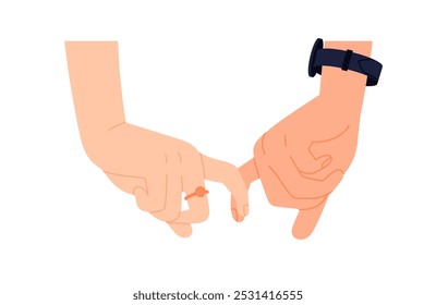 Verschiedene Handgesten. Handflächen verschiedener Menschen, die an ihren kleinen Fingern festgehalten werden. Symbol der Liebe, Freundschaft, Unterstützung und Einheit. Flache Vektorgrafik einzeln auf weißem Hintergrund