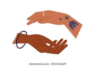 Diverse hands gestures. Palms of different people touch each other. Symbol of support, love, friendship and care. Community and Unity. Flat vector illustration isolated on white background