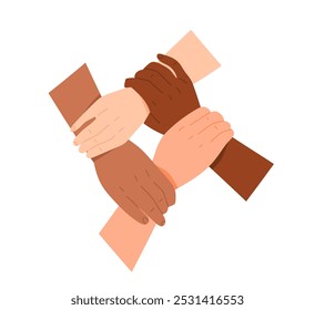 Diverse hands gestures. Palms of group of multiracial people holding each other. Symbol of unity, community, support and business partnership. Flat vector illustration isolated on white background