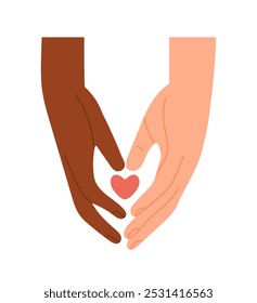 Diverse hands gestures. Palms of multiracial people romantically touch each other. Hands with heart symbol. Love, feelings and relationships. Flat vector illustration isolated on white background