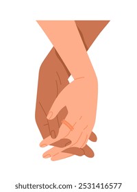 Mãos e gestos diversos. Palmas de casal romântico multirracial segurando um ao outro. Amor, cuidado, ternura e sentimentos. Ilustração de vetor plano isolada no plano de fundo branco