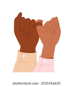 Diverse hands gestures. Palms of Multiracial people held together by their little fingers. Symbol of friendship, care, love and support. Flat vector illustration isolated on white background