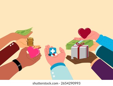 Mãos Diversas Dando Doações. Ilustração de vetor de conceito de caridade, apoio e bondade.