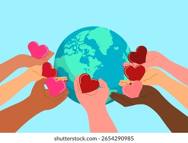 Mãos diversas dando amor ao mundo. Dia Internacional da Caridade, unidade, bondade e ilustração de apoio global.