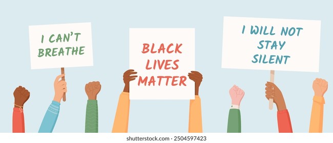 Diverse hands hold Black Lives Matter signs and protest messages like I Cant Breathe. This social media template showcases people united in demonstration with strength, support, and solidarity.