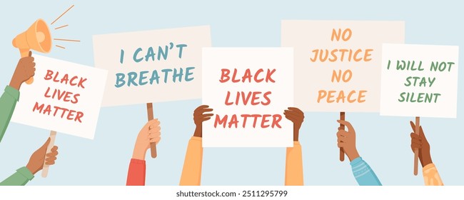 Mãos diversas seguram sinais de Black Lives Matter e mensagens de protesto como I Cant Breathe. Este modelo de mídia social mostra pessoas unidas em manifestação com força, apoio e solidariedade.