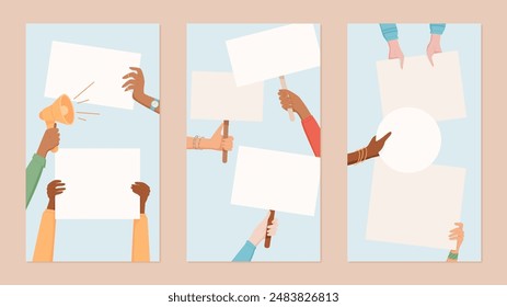 Diverse hands hold blank protest signs in a demonstration. Hand points a megaphone for support. Social media template collection with people raise placards for community strength and empowerment.