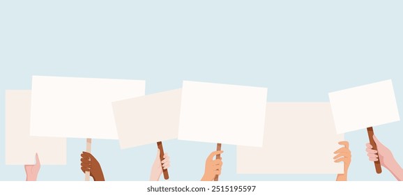Diverse hands hold blank protest placards and signs. People join in the demonstration, raising banners template high. This scene represents unity and collective strength in the community protest.