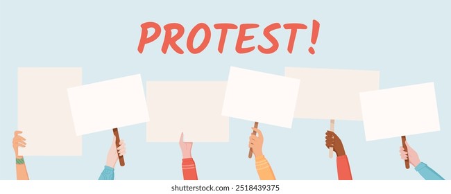Verschiedene Hände halten leere Protestschilder unter einer kühnen PROTEST-Schlagzeile. Diese Vorlage für soziale Medien fängt das Wesen einer Demonstration, Solidarität, Unterstützung und Stärke der Gemeinschaft durch Transparente ein