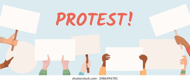 Diverse hands hold blank signs and placards, supporting a PROTEST banner. This social media template captures the demonstration with solidarity, strength, and support through their raised posters.