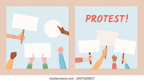 Diverse hands hold blank signs and round placards. This social media template highlights a protest scene, showing people united in solidarity and demonstrating community strength with banners.