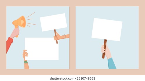 Diverse hands hold blank signs and a megaphone. People use this social media template set for protest, demonstrating community support with placards and emphasizing strength and unity through banners.