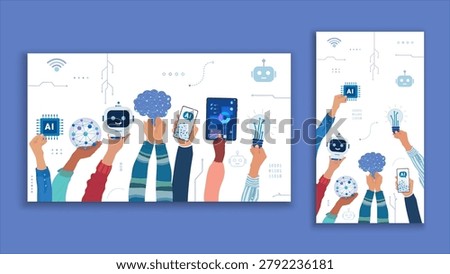 Diverse Hands Holding AI Tools Empowering Workforce Digital Transformation Business