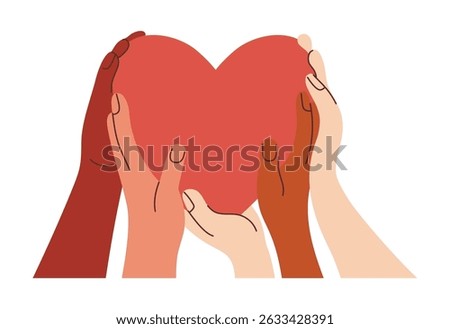 Diverse Hands Holding Big Red Heart. Symbol love, Unity, support, mutual aid and volunteering. Positive inspirational Vector Illustration in flat style