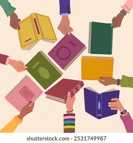 Manos diversas sosteniendo libros. Personas para intercambiar, tomar prestado y recomendar bibliografía. Ilustración vectorial dibujada a mano aislada sobre fondo claro, estilo plano de la historieta.