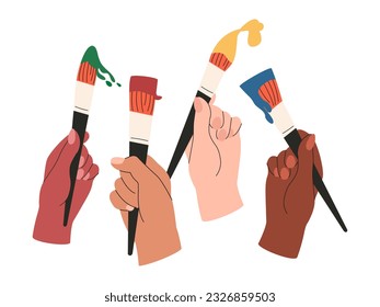 Diverse hands holding brushes with dripping paint. Artists, creativity, hobby concept. Vector illustration isolated on white background