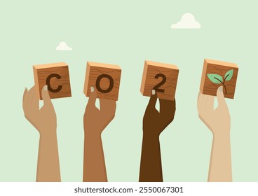 Diverse Hands Holding CO2 Wooden Blocks Environmental. Diverse skin-toned hands holding wooden blocks spelling 'CO2' with plant symbol, representing multicultural climate action. Vector illustration