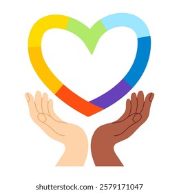 Diverse hands holding colorful rainbow heart. Symbol unity, diversity and inclusion. Vector illustration perfect for zero discrimination day, celebrate greeting card, lgbt and pride month etc