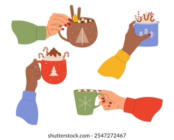 Diverse hands holding cups of hot sweet beverages. Vector illustration for cozy themes, holiday designs and concepts promoting inclusivity and warmth