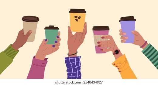 Diverse hands holding a disposable cups of coffee, espresso or cappuccino. Morning hot drink. Coffee break. Hand drawn vector illustration isolated on light background. Modern flat cartoon style.