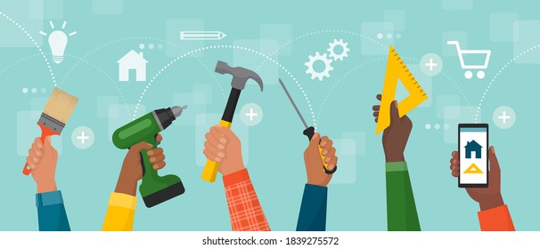 Diverse hands holding DIY tools and smartphone: home renovation, repair and do it yourself concept