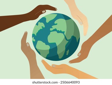 Diverse Hands Holding Earth Illustration - Unity, Diversity, Global Cooperation Concept	