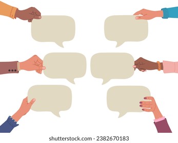 Mains diverses tenant une bulle de discours vide. Concept de communication. Les gens échangent des idées. Illustration vectorielle dessinée à la main isolée sur fond blanc, style dessiné à plat moderne.